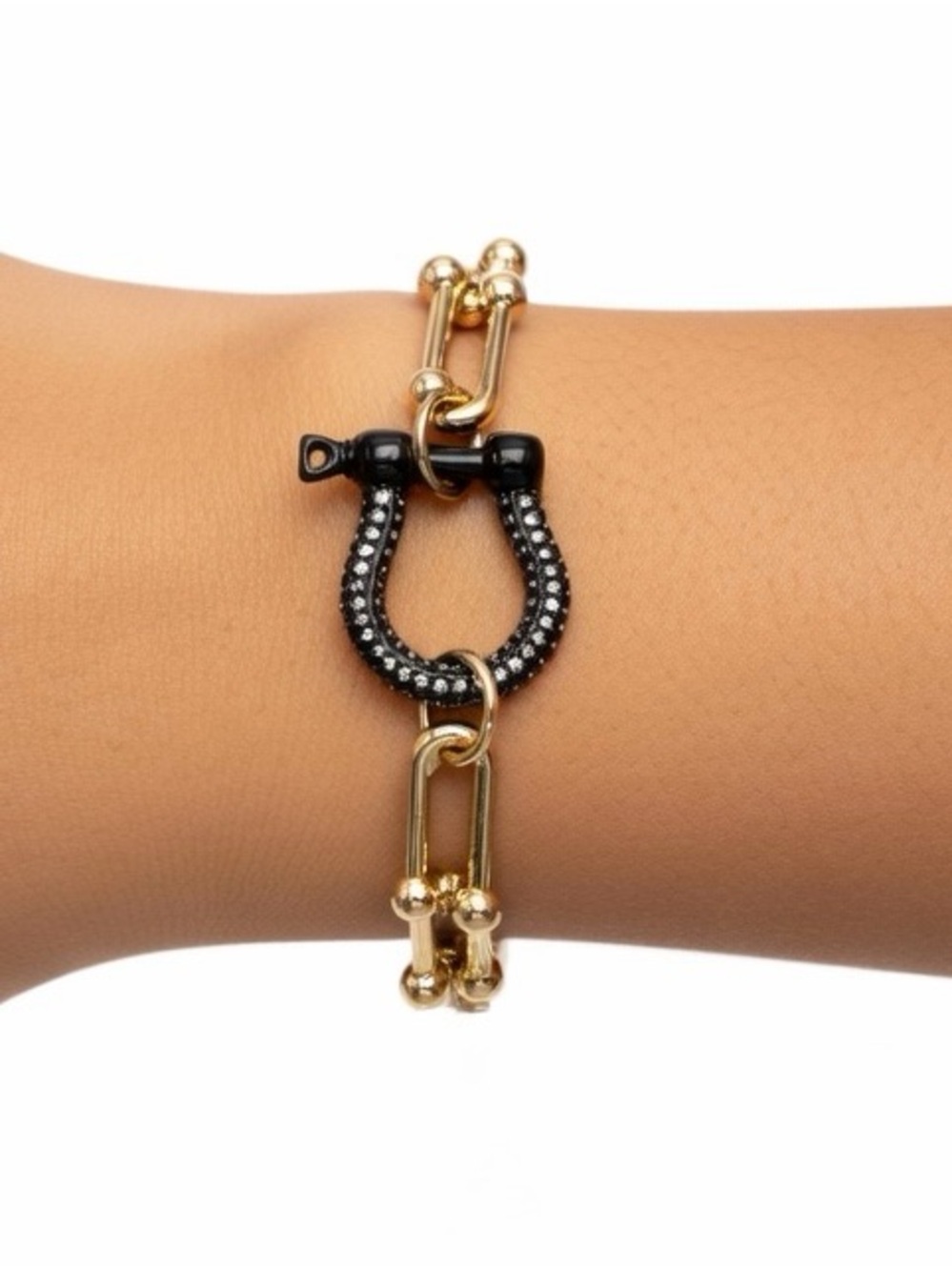 18k Gold PVD U-link Bracelet with Black Pave Horseshoe Charm - WATERPROOF